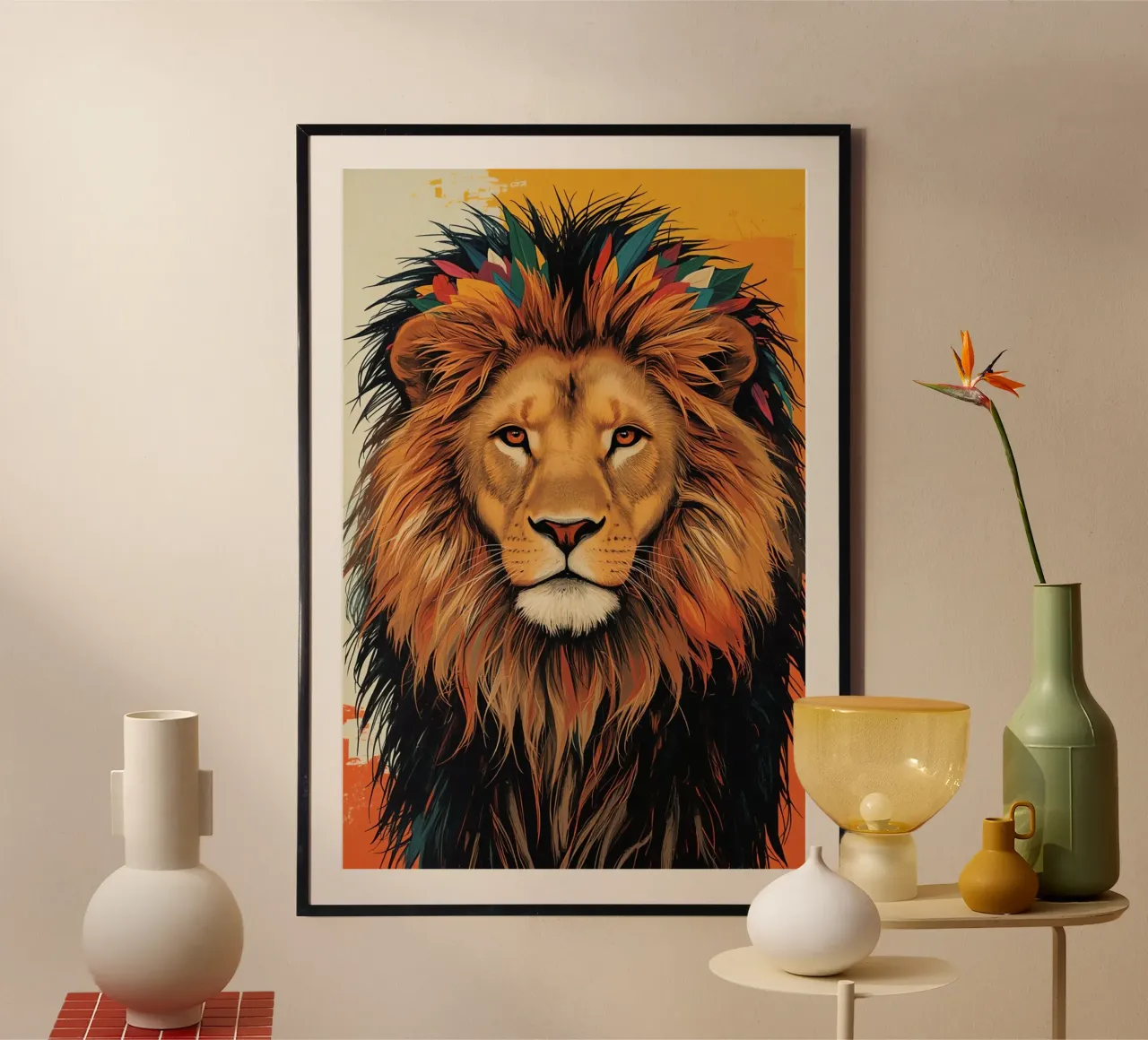 Testa di leone con piume poster da DesignDoodle