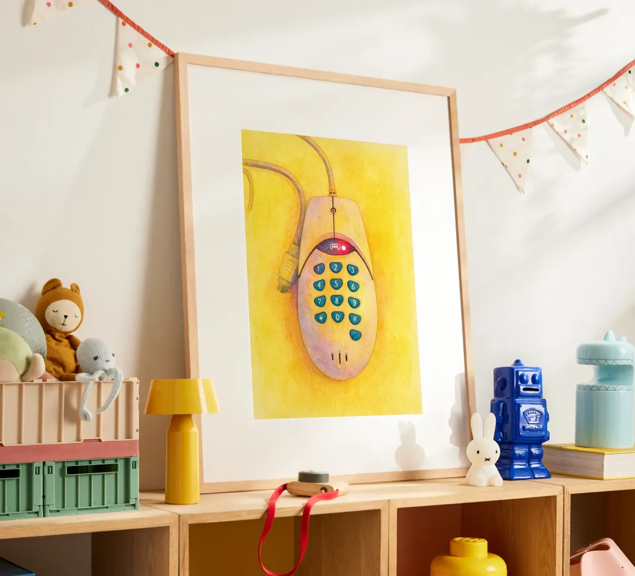 telefono mouse vecchio dipinto vintage poster con telaio in legno da kroocoot