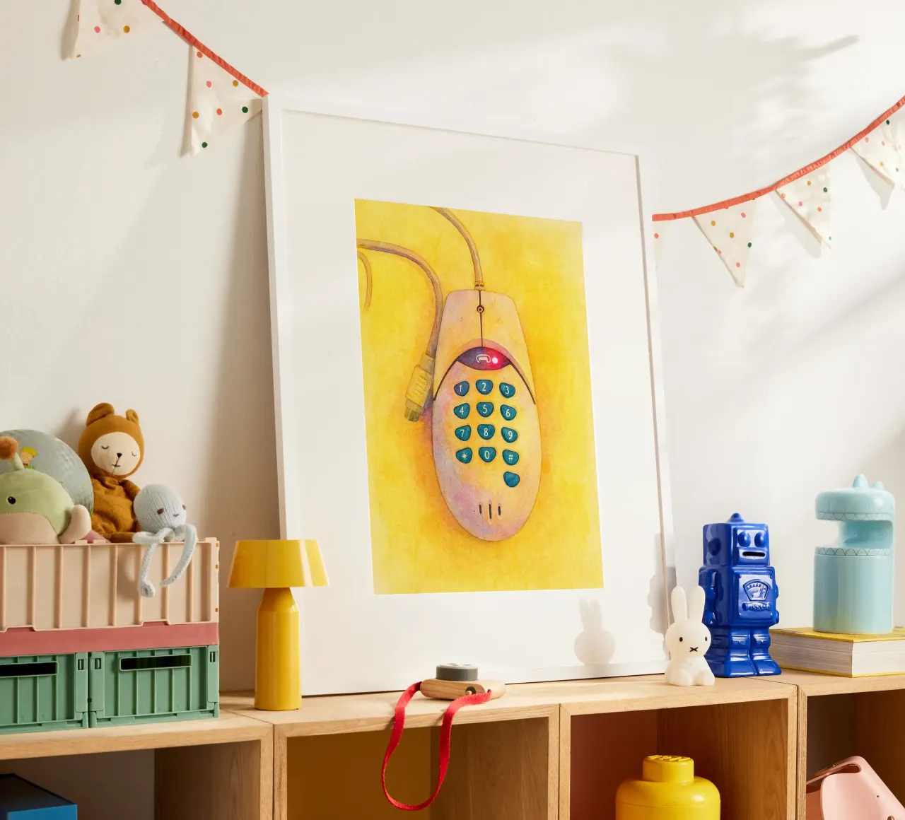 telefono mouse vecchio dipinto vintage poster con telaio in legno da kroocoot