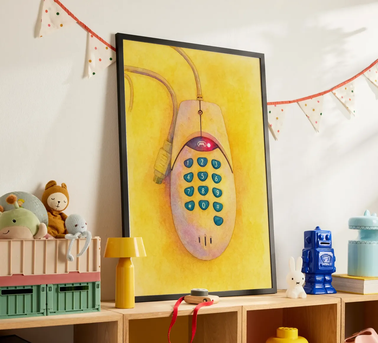 telefono mouse vecchio dipinto vintage poster con telaio in legno da kroocoot