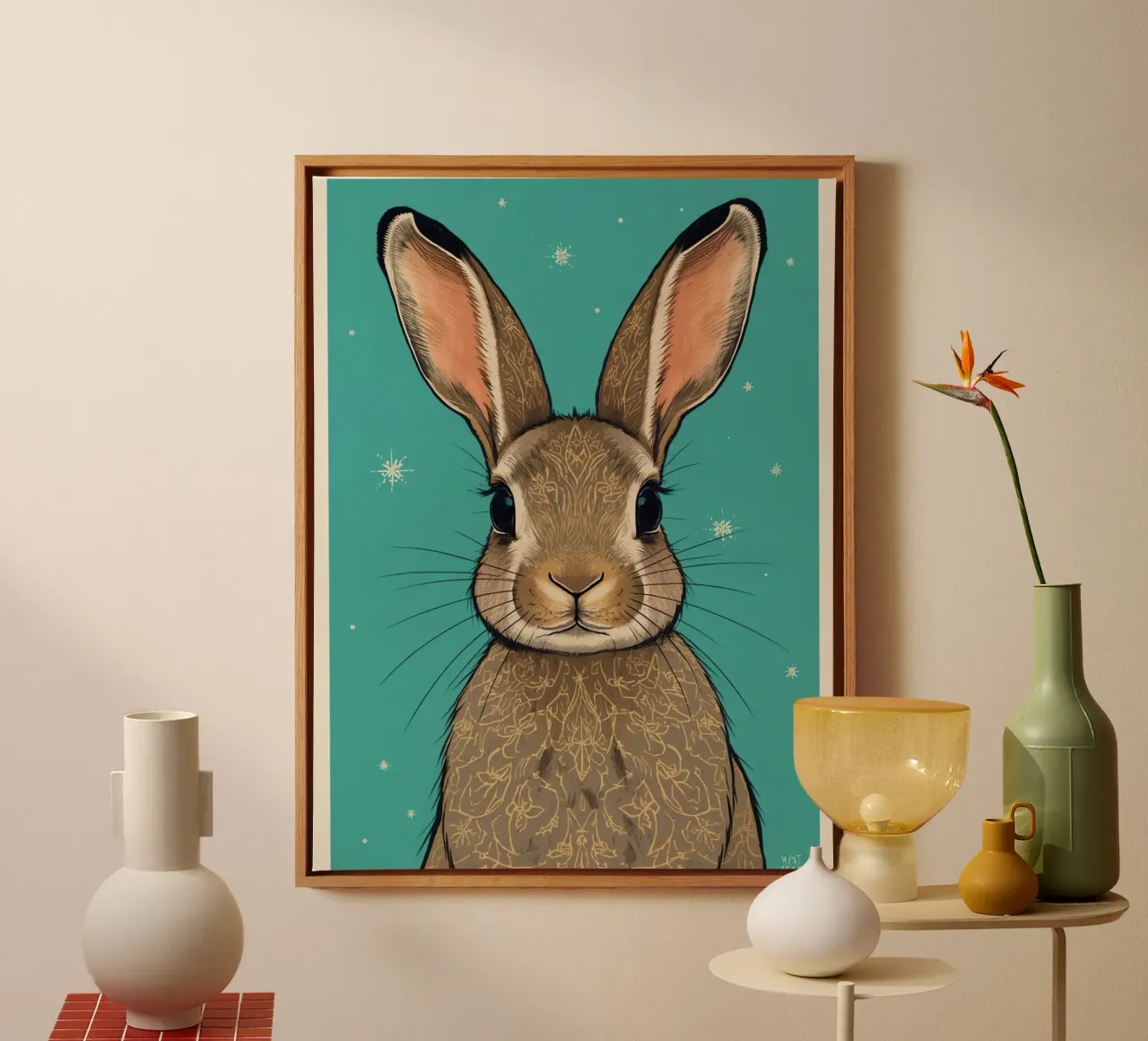 Rabbit with Decorative Fur on Teal Background canvas with Floater frame by DesignDoodle