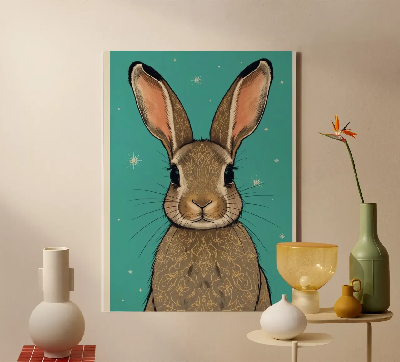 Rabbit with Decorative Fur on Teal Background canvas with Floater frame by DesignDoodle
