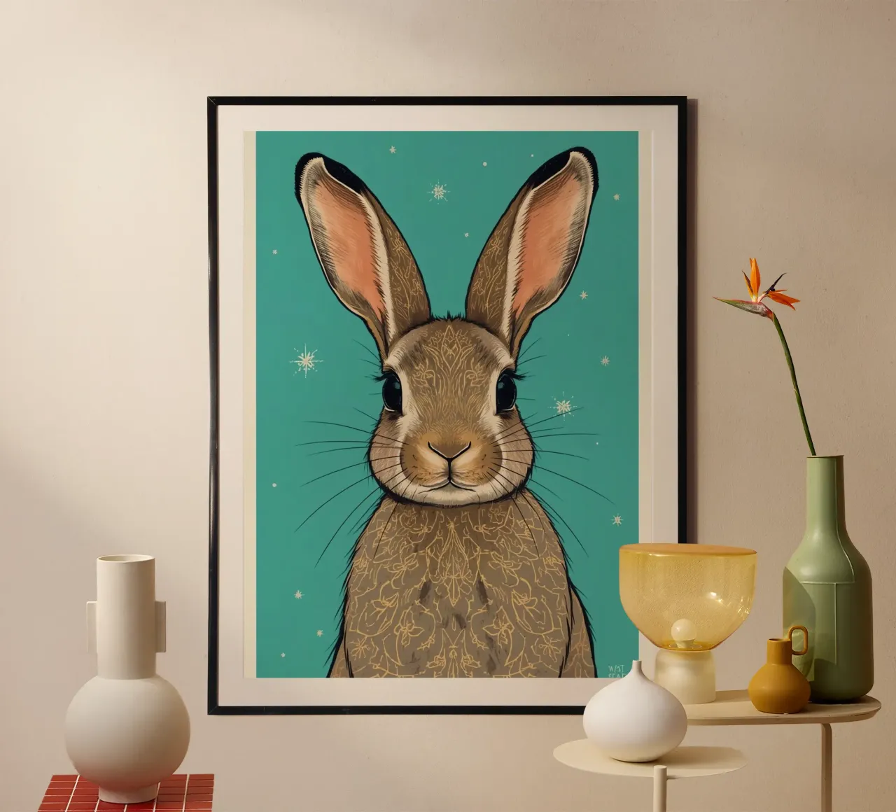 Rabbit with Decorative Fur on Teal Background poster with wooden frame by DesignDoodle