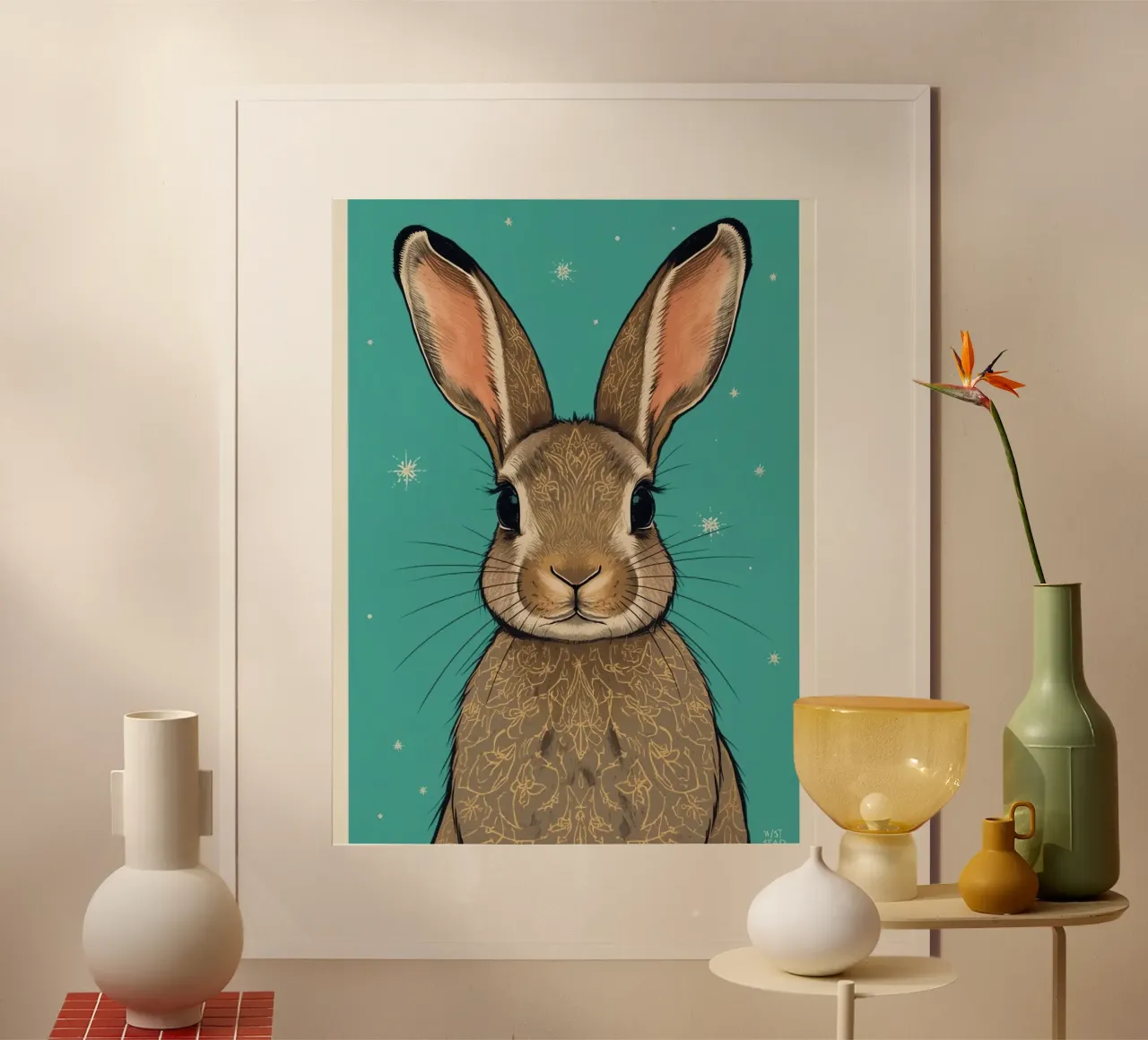 Rabbit with Decorative Fur on Teal Background poster with wooden frame by DesignDoodle