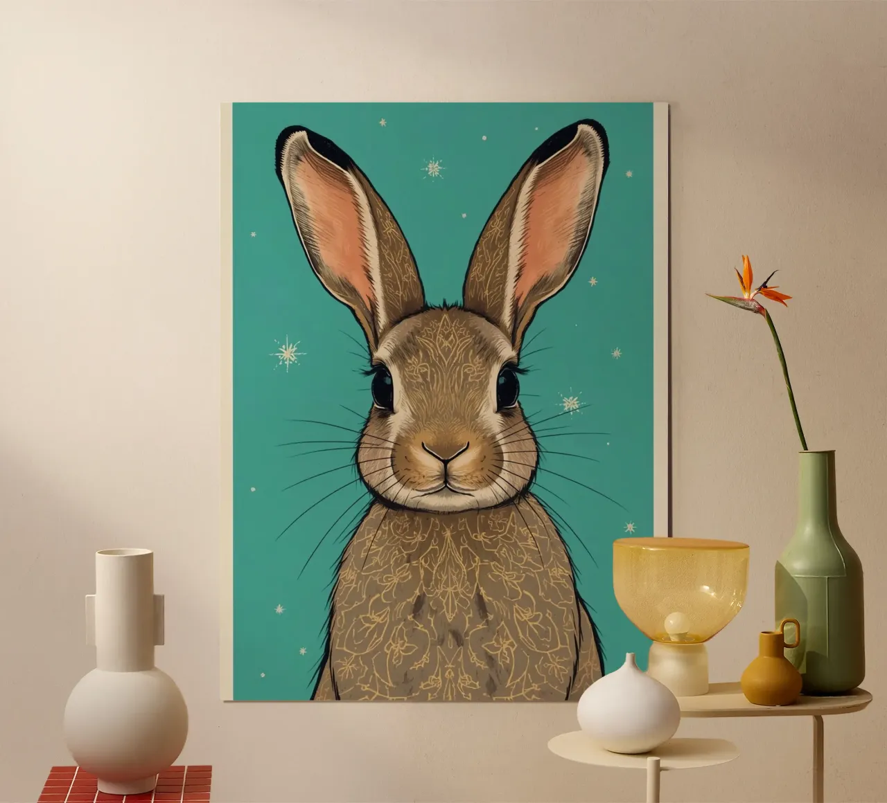 Rabbit with Decorative Fur on Teal Background poster with wooden frame by DesignDoodle