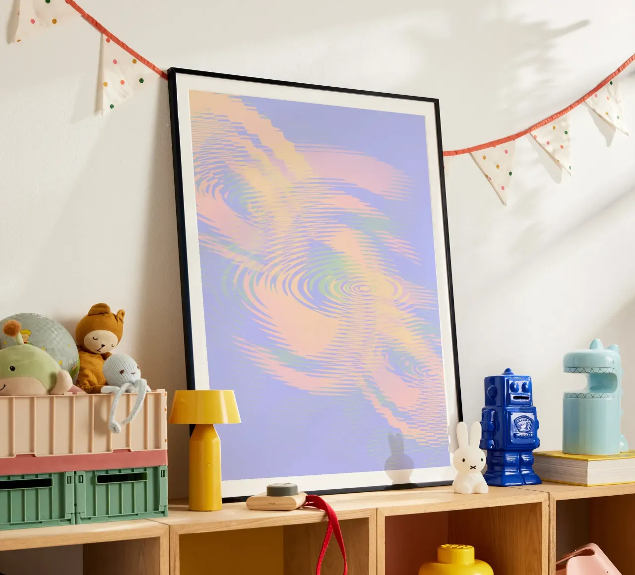 Motif abstrait tourbillonnant en bleu, violet, rose et jaune poster avec cadre en aluminium de Something for you