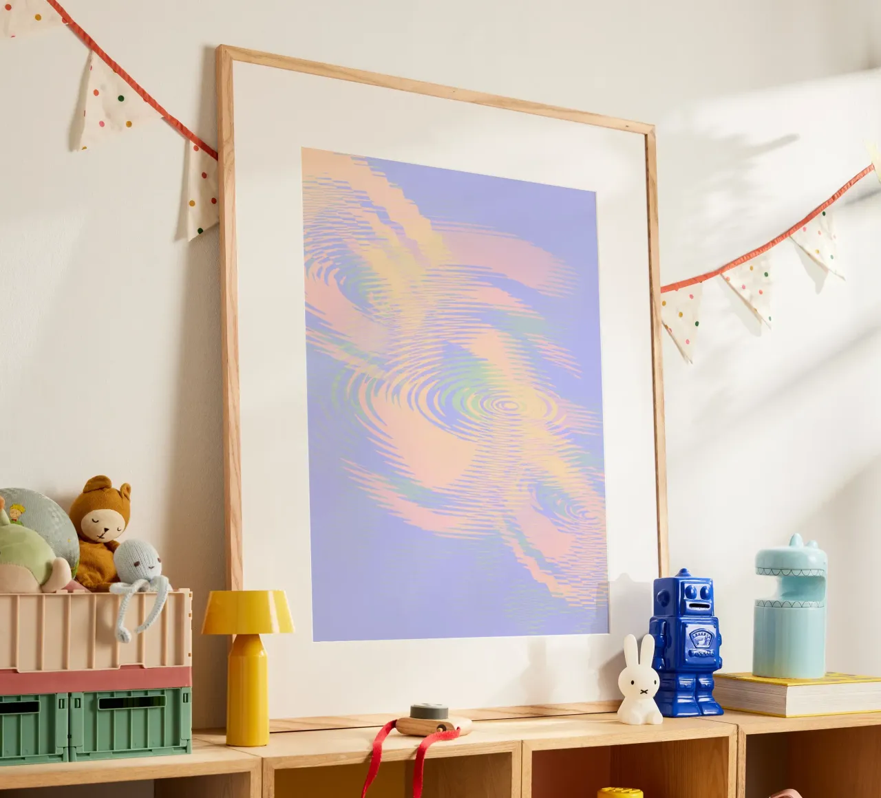 Motif abstrait tourbillonnant en bleu, violet, rose et jaune poster avec cadre en aluminium de Something for you