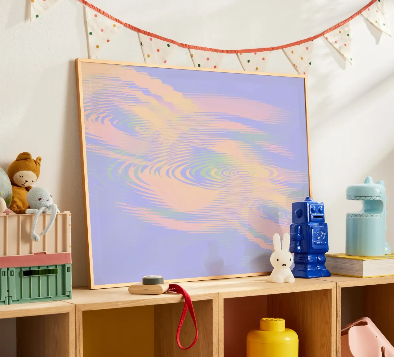 Motif abstrait tourbillonnant en bleu, violet, rose et jaune poster avec cadre en aluminium de Something for you