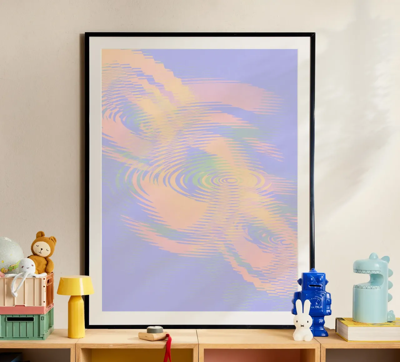 Motif abstrait tourbillonnant en bleu, violet, rose et jaune poster avec cadre en aluminium de Something for you