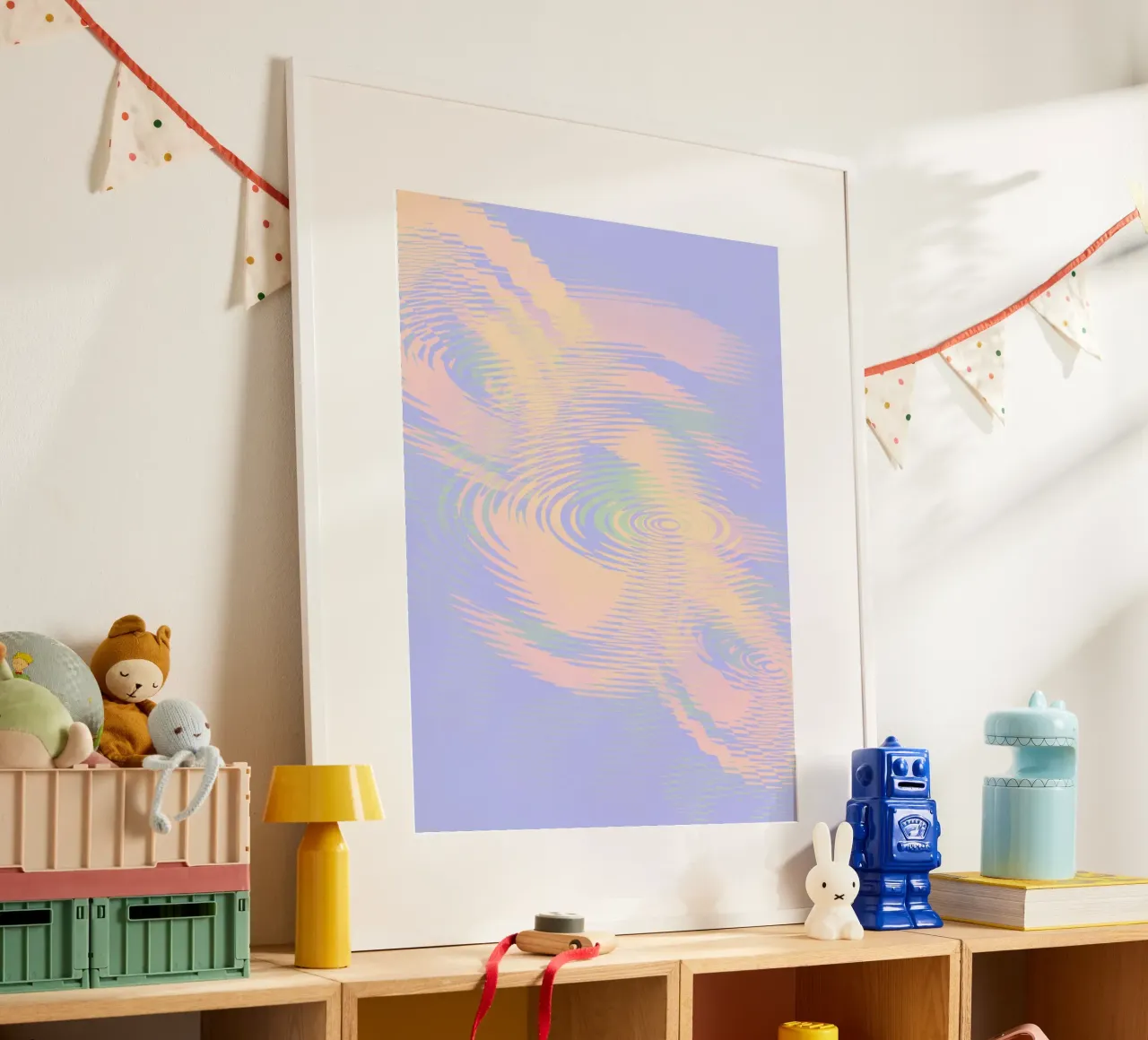 Motif abstrait tourbillonnant en bleu, violet, rose et jaune poster avec cadre en aluminium de Something for you