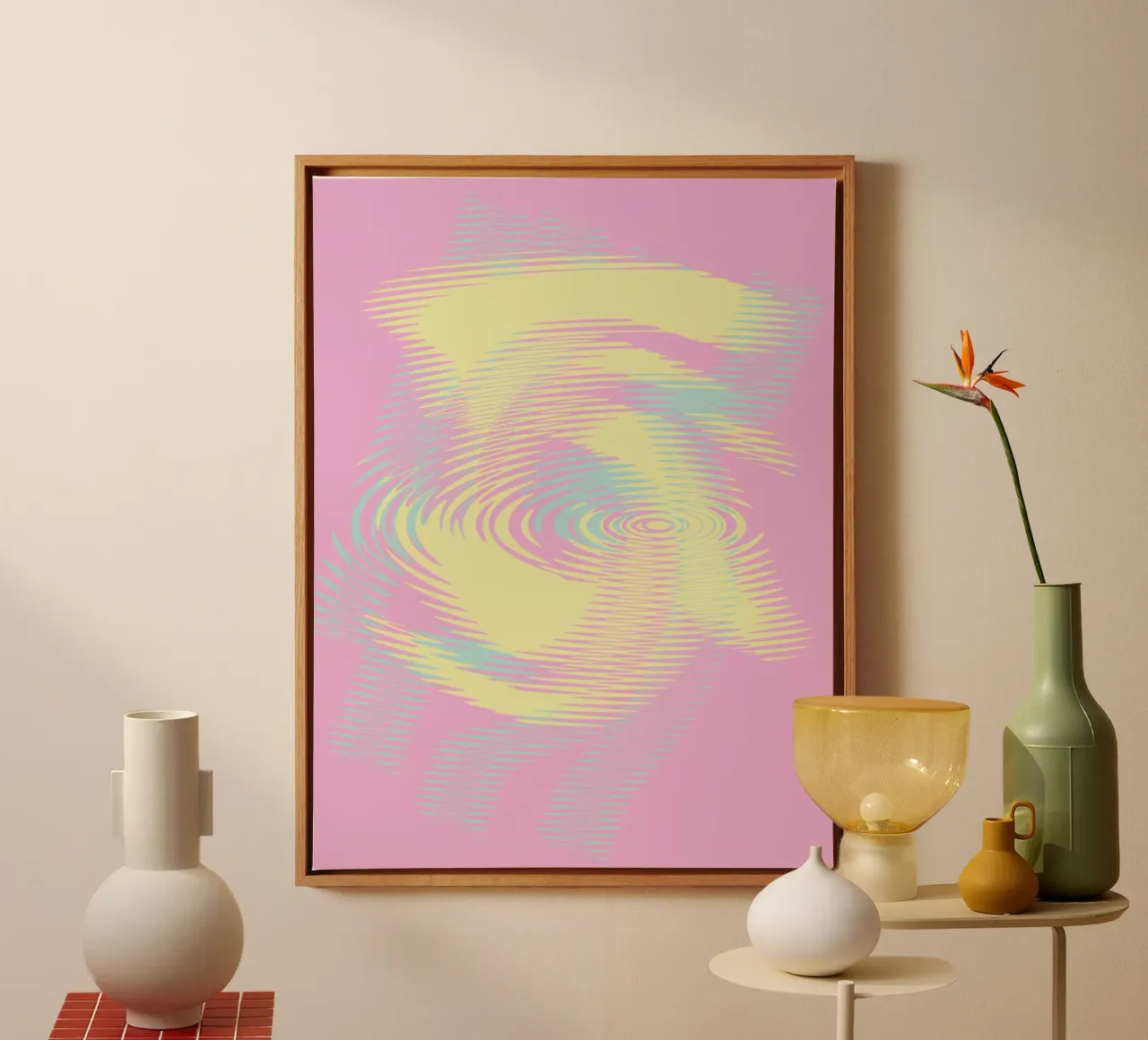 Abstract pattern in blue, pink and yellow canvas with Floater frame by Something for you