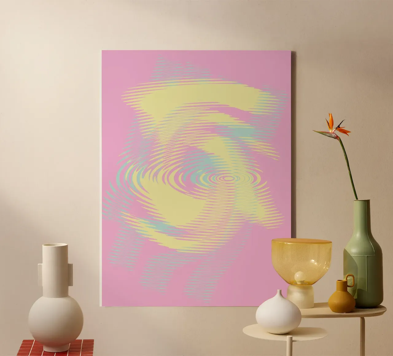 Abstract pattern in blue, pink and yellow canvas with Floater frame by Something for you
