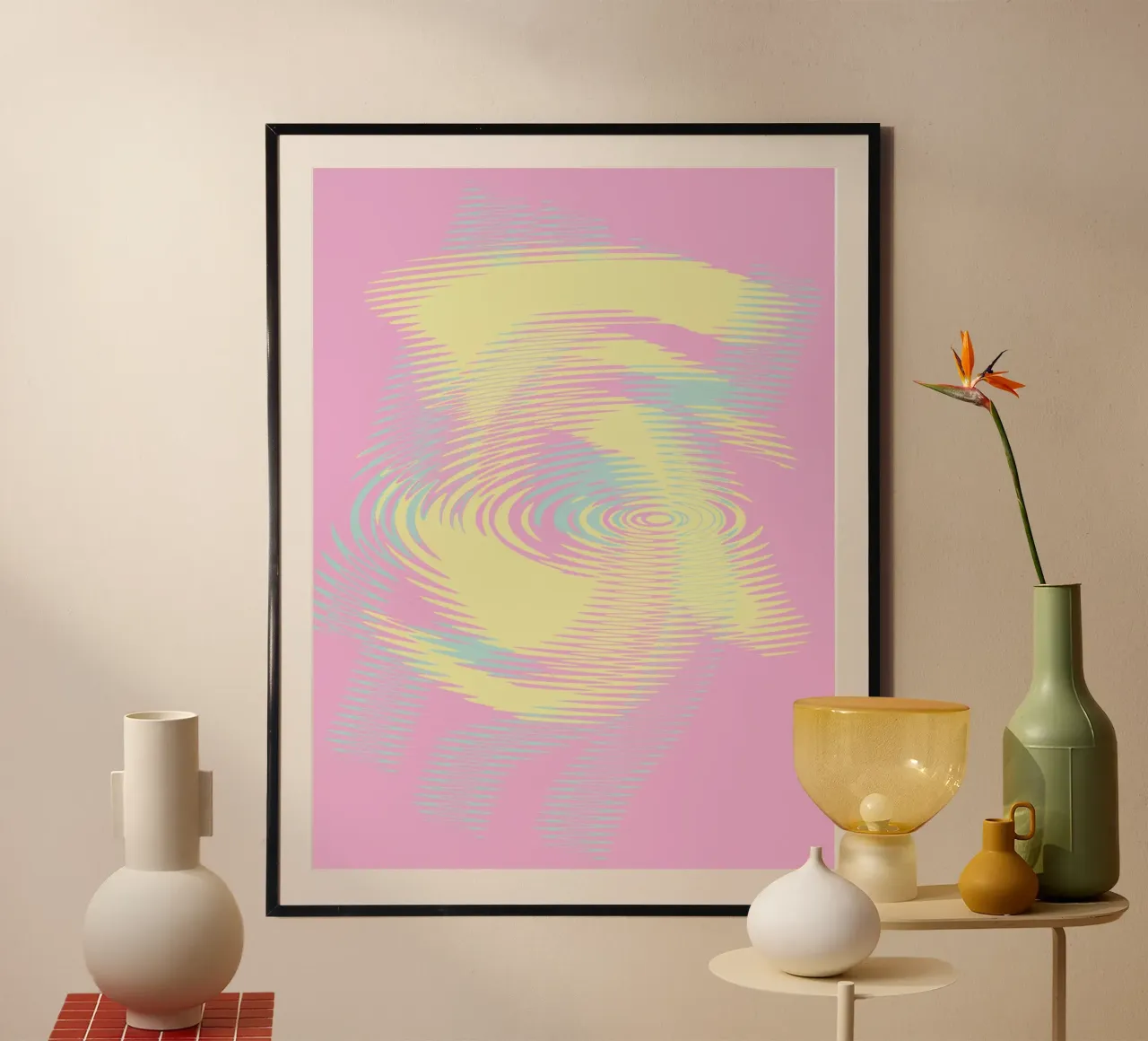 Motif abstrait en bleu, rose et jaune poster avec cadre en aluminium de Something for you