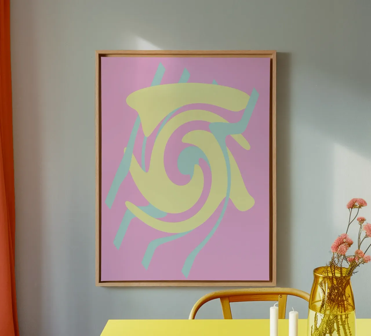 Abstract pattern in the colours pink, blue and yellow canvas with Floater frame by Something for you