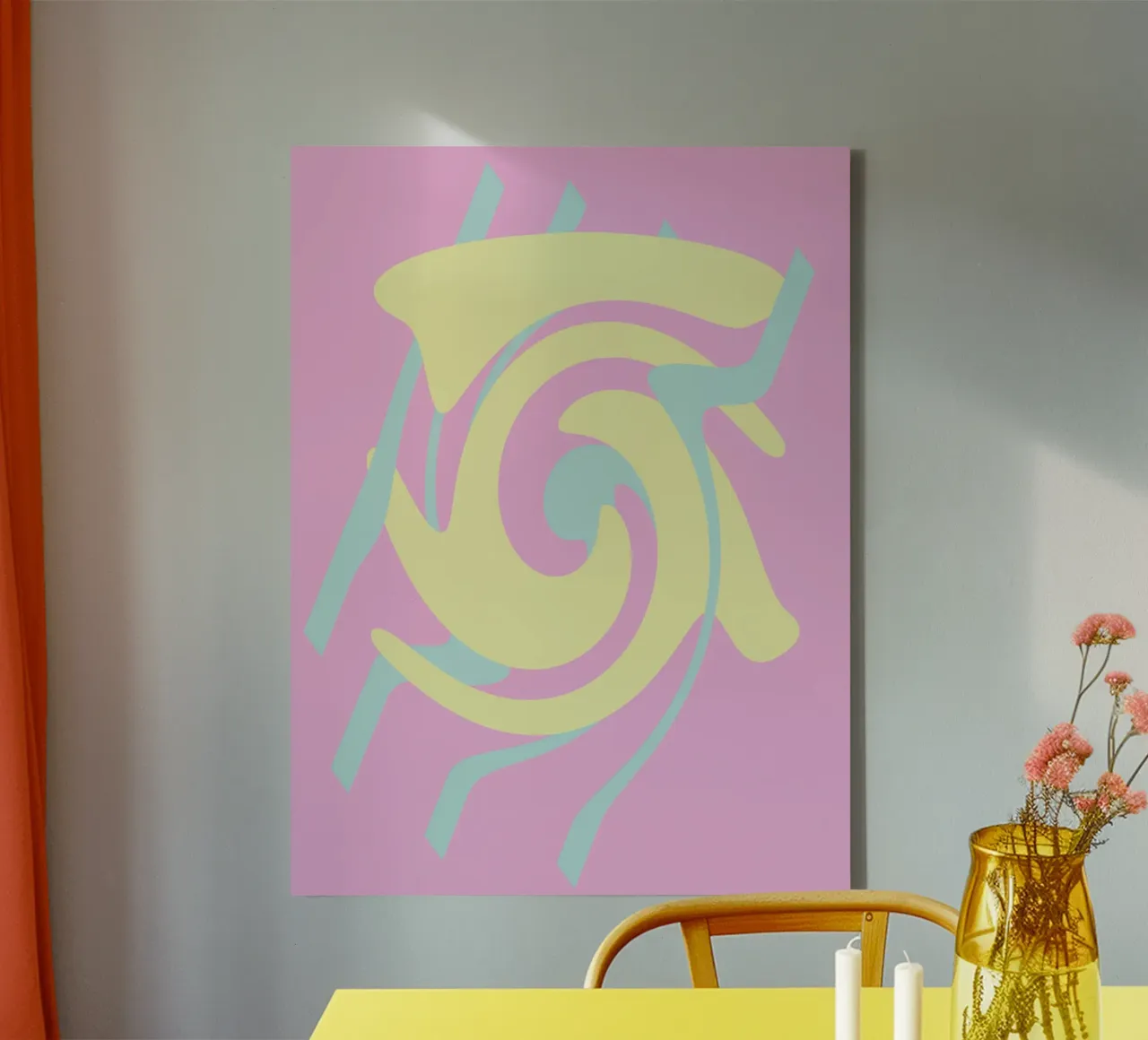 Abstract pattern in the colours pink, blue and yellow canvas with Floater frame by Something for you