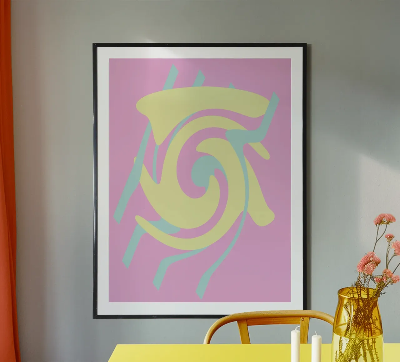 Abstract pattern in the colours pink, blue and yellow poster with plastic frame by Something for you