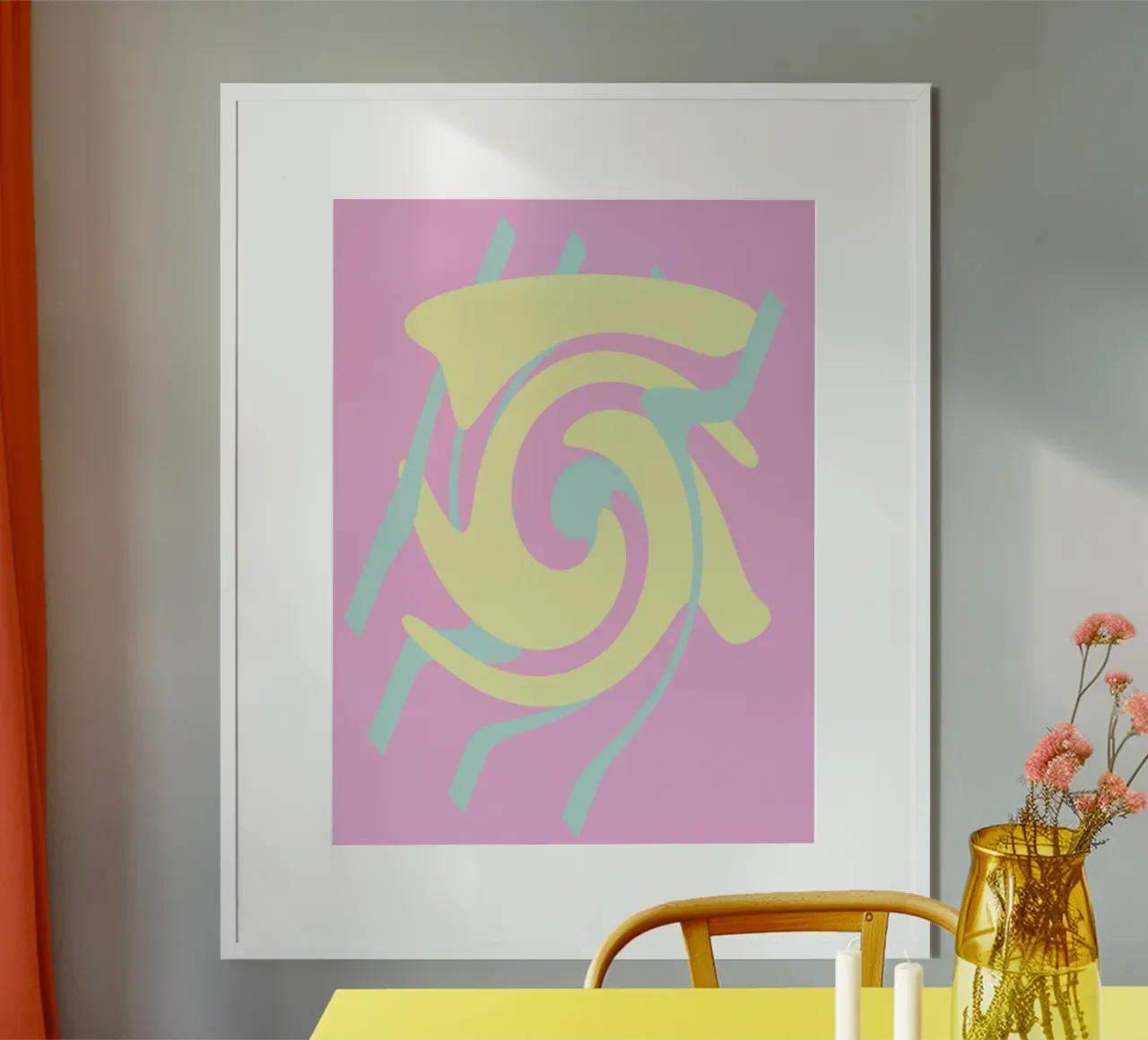 Abstract pattern in the colours pink, blue and yellow poster with plastic frame by Something for you