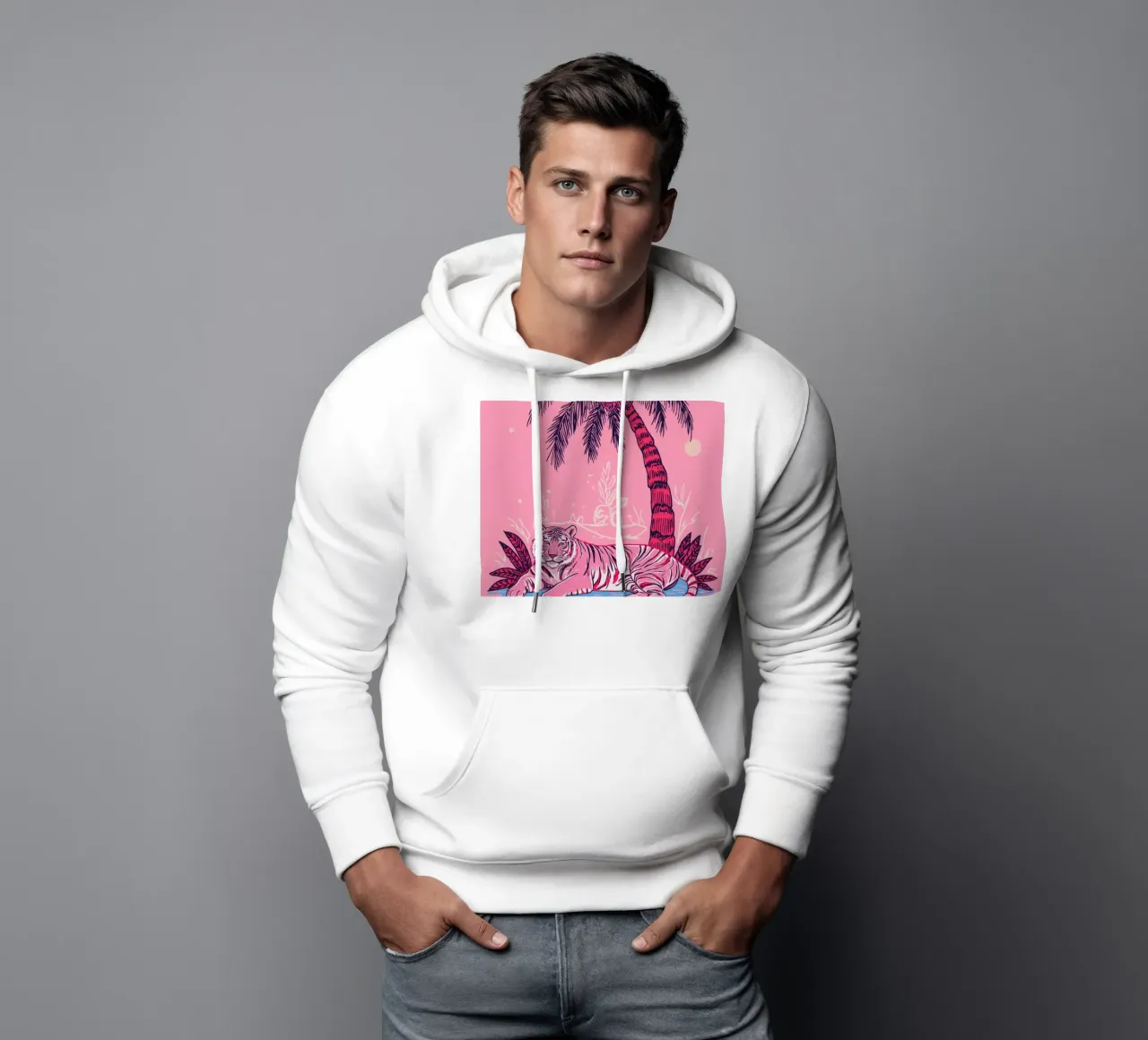 Tigre sotto una palma con combinazione di colori rosa felpa con cappuccio da DesignDoodle