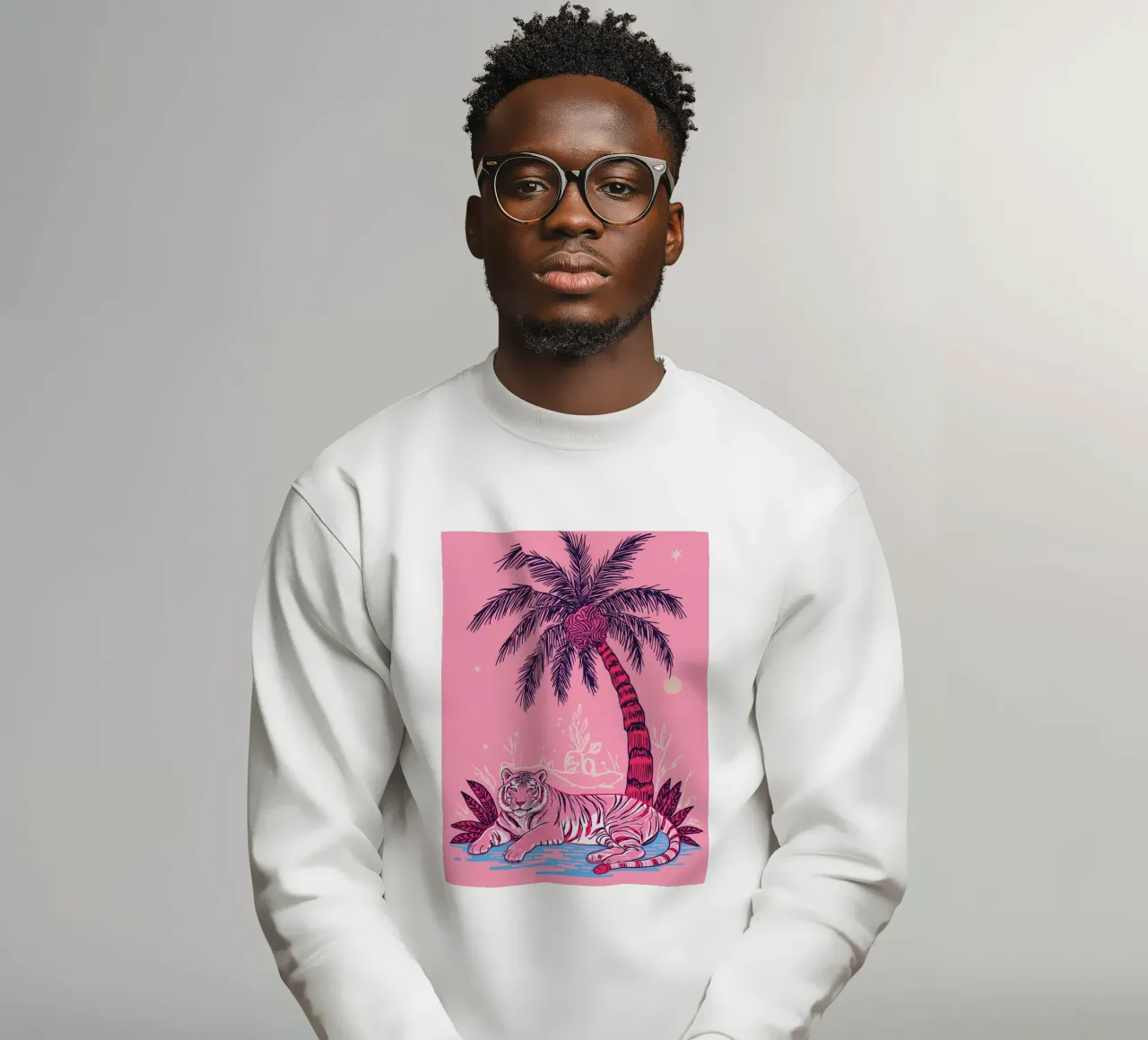 Tigre sotto una palma con combinazione di colori rosa felpa da DesignDoodle