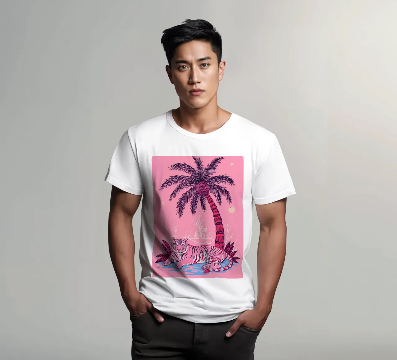Tigre sotto una palma con combinazione di colori rosa t-shirt da DesignDoodle