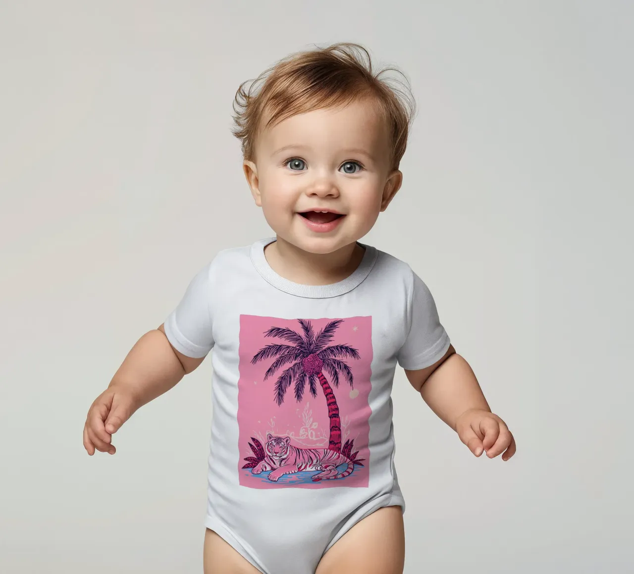 Tigre sotto una palma con combinazione di colori rosa body neonato maniche corte da DesignDoodle