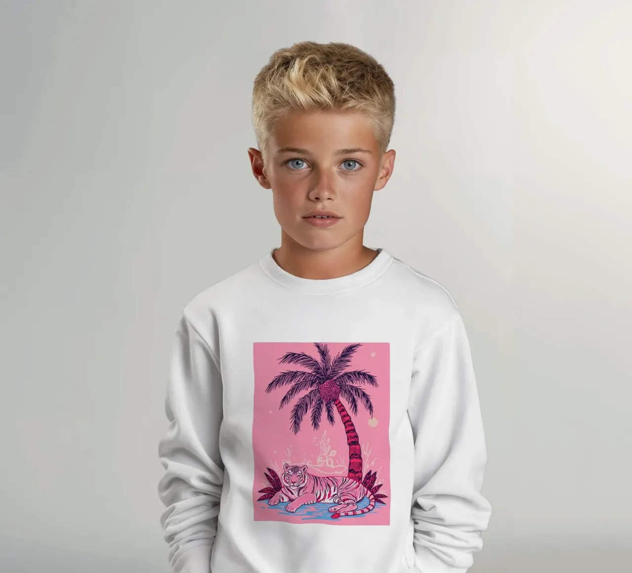 Tigre sotto una palma con combinazione di colori rosa felpa bambino da DesignDoodle