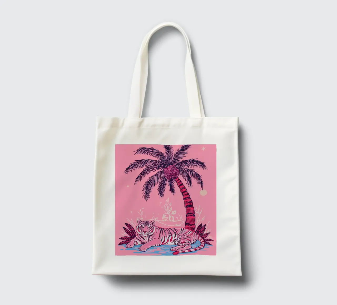 Tigre sotto una palma con combinazione di colori rosa borsa in juta da DesignDoodle