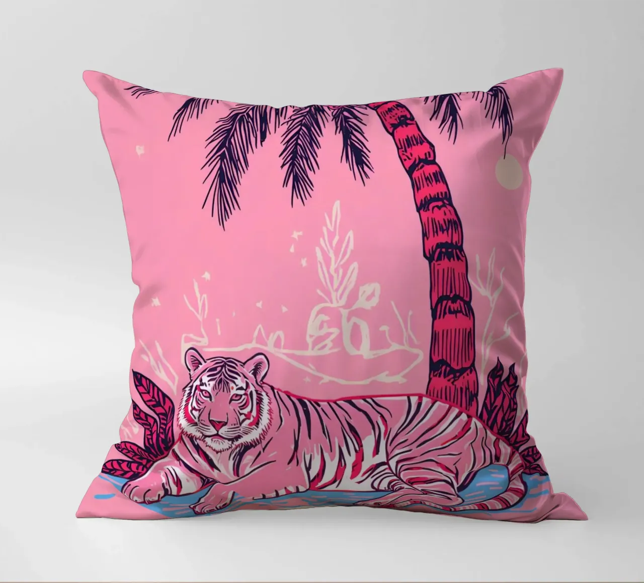Tigre sotto una palma con combinazione di colori rosa cuscino da DesignDoodle