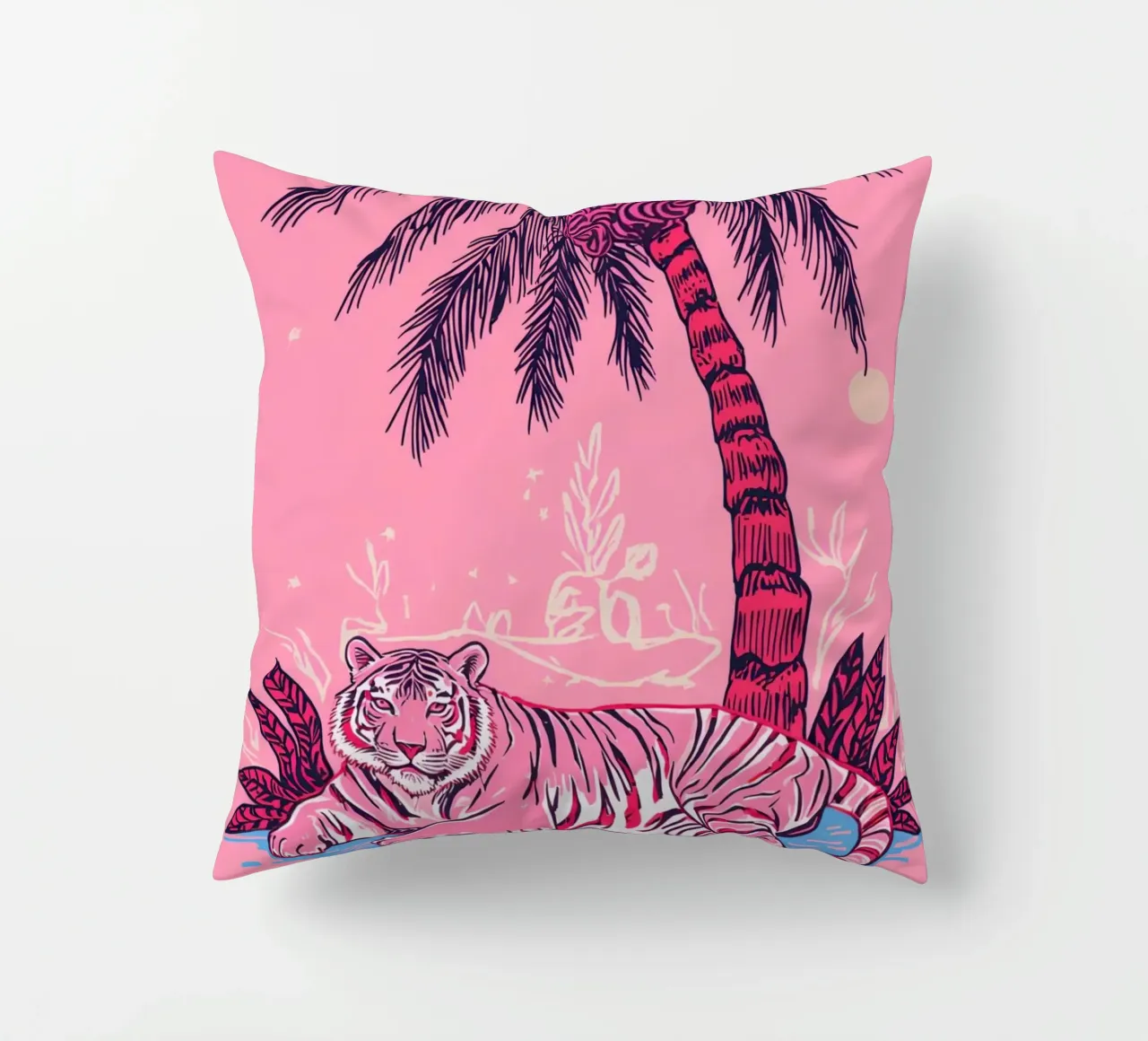 Tigre sotto una palma con combinazione di colori rosa cuscino da DesignDoodle