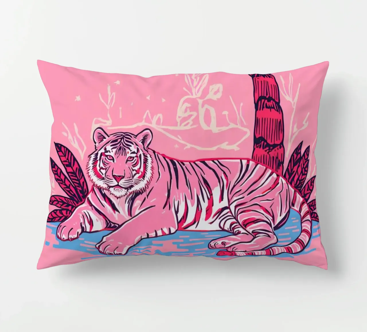 Tigre sotto una palma con combinazione di colori rosa cuscino da DesignDoodle