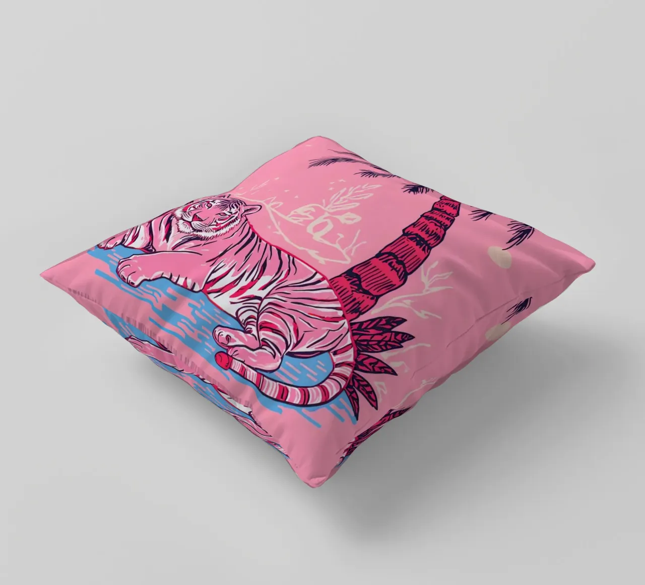 Tigre sotto una palma con combinazione di colori rosa cuscino da DesignDoodle