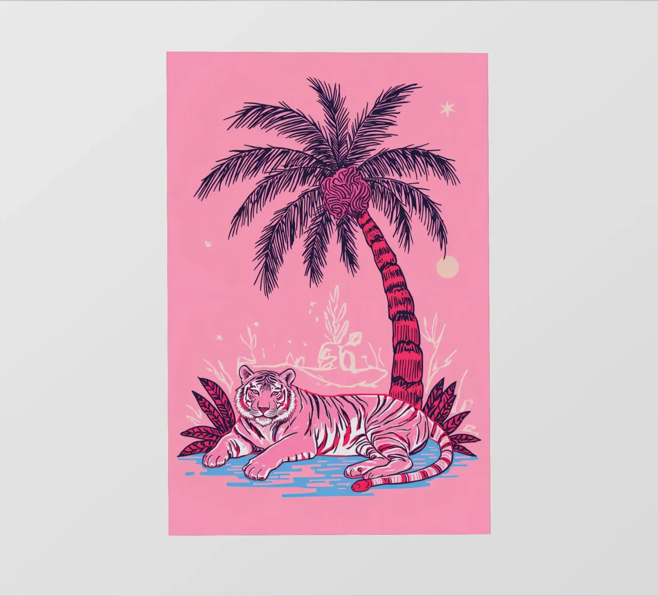 Tigre sotto una palma con combinazione di colori rosa pellicola backlit da DesignDoodle