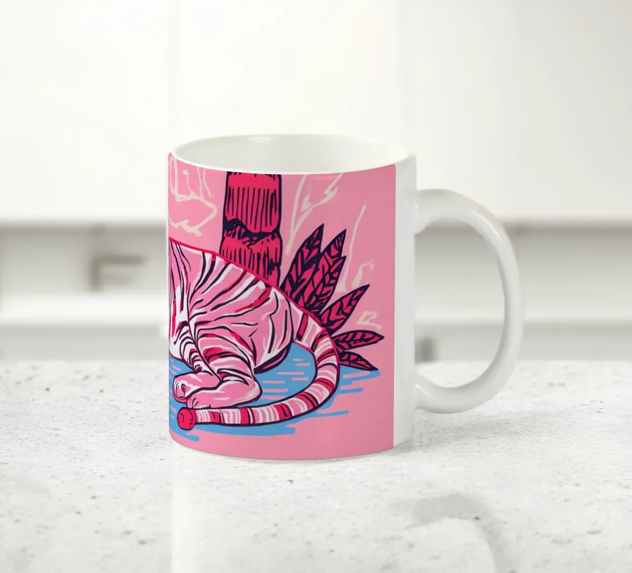 Tigre sotto una palma con combinazione di colori rosa tazza in ceramica da DesignDoodle