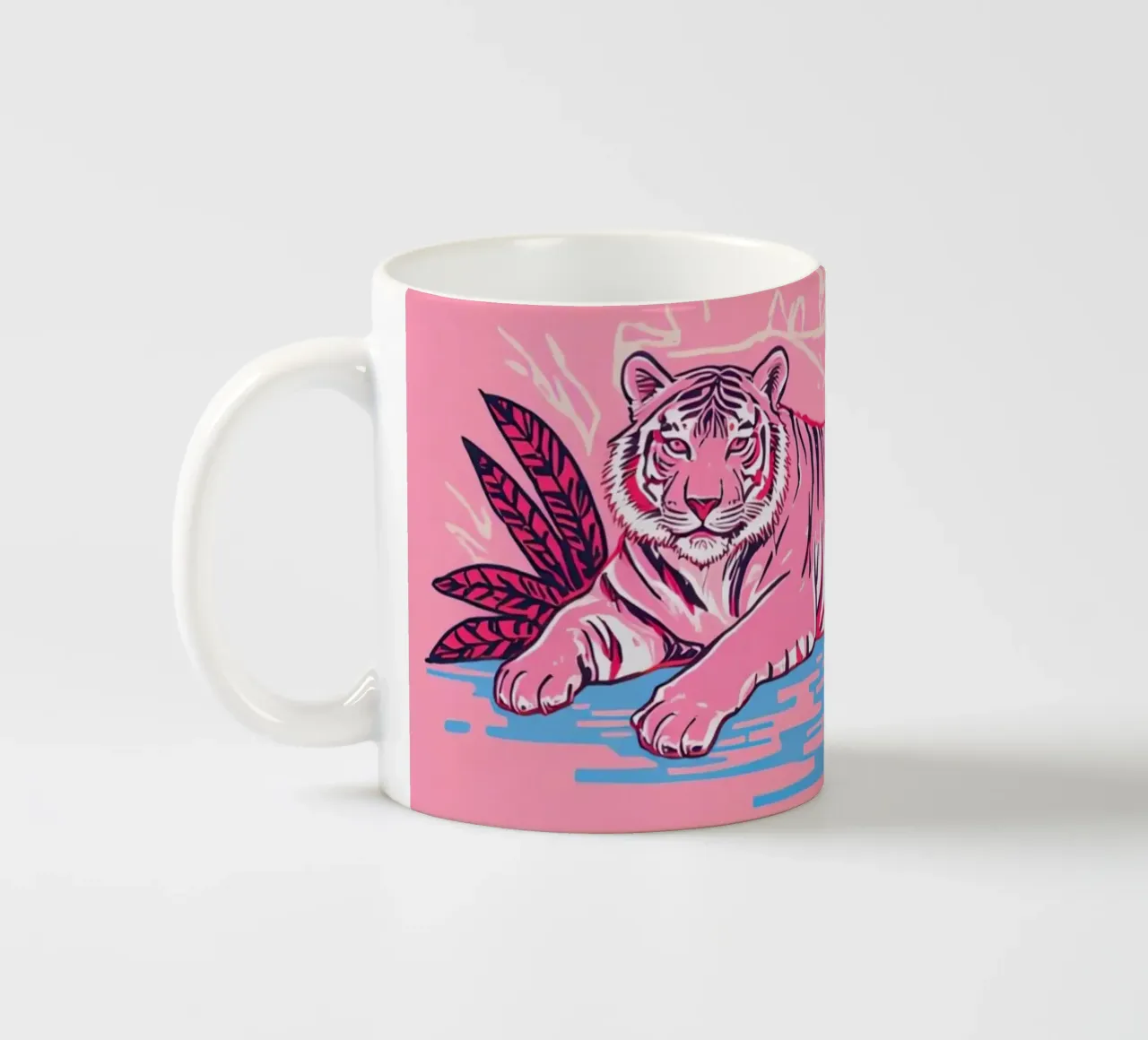 Tigre sotto una palma con combinazione di colori rosa tazza in ceramica da DesignDoodle