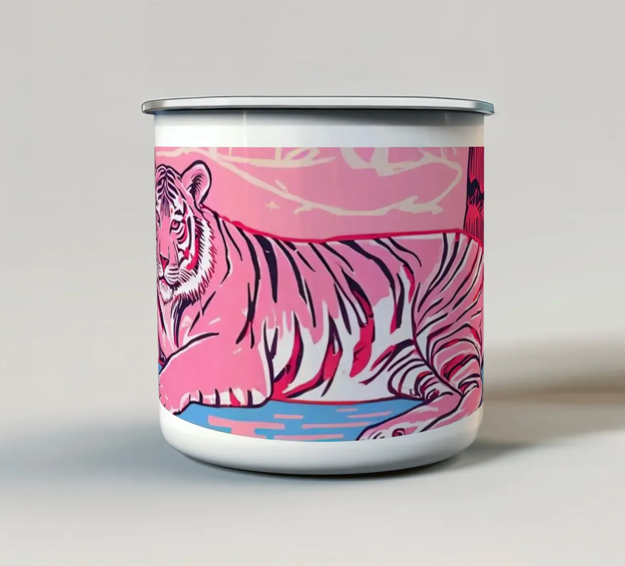 Tigre sotto una palma con combinazione di colori rosa tazza in smalto da DesignDoodle