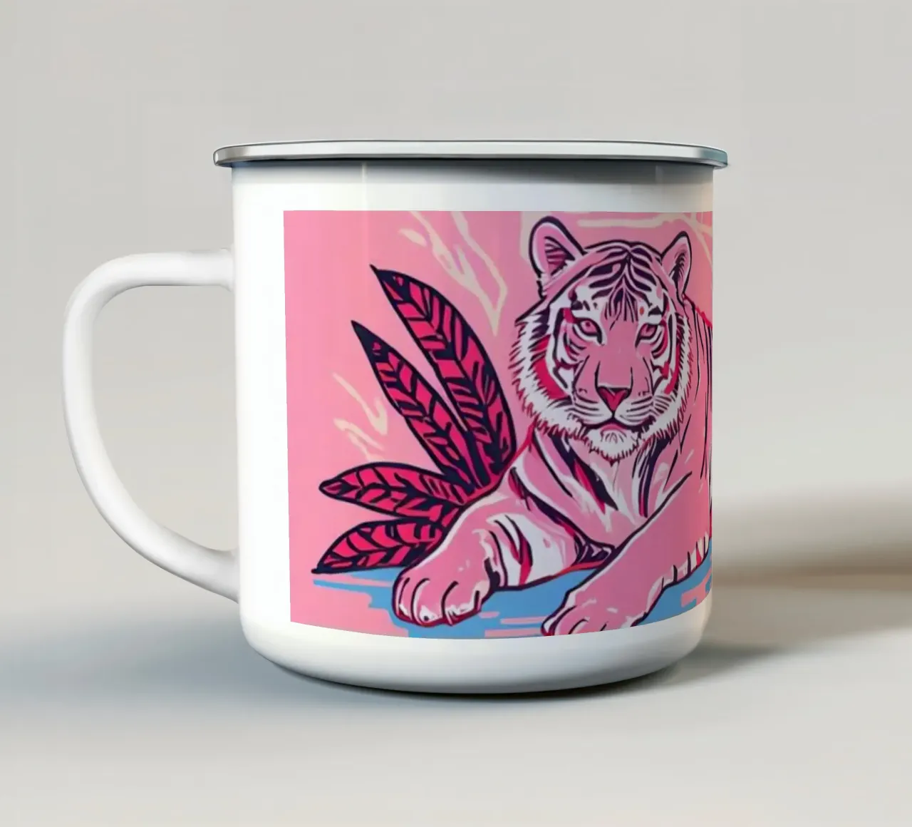 Tigre sotto una palma con combinazione di colori rosa tazza in smalto da DesignDoodle