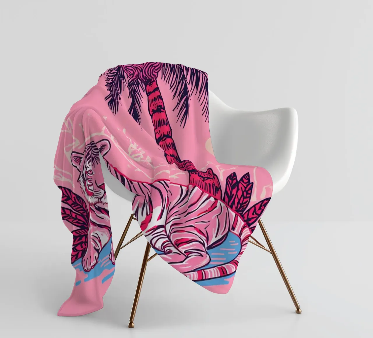 Tigre sotto una palma con combinazione di colori rosa coperta in pile da DesignDoodle
