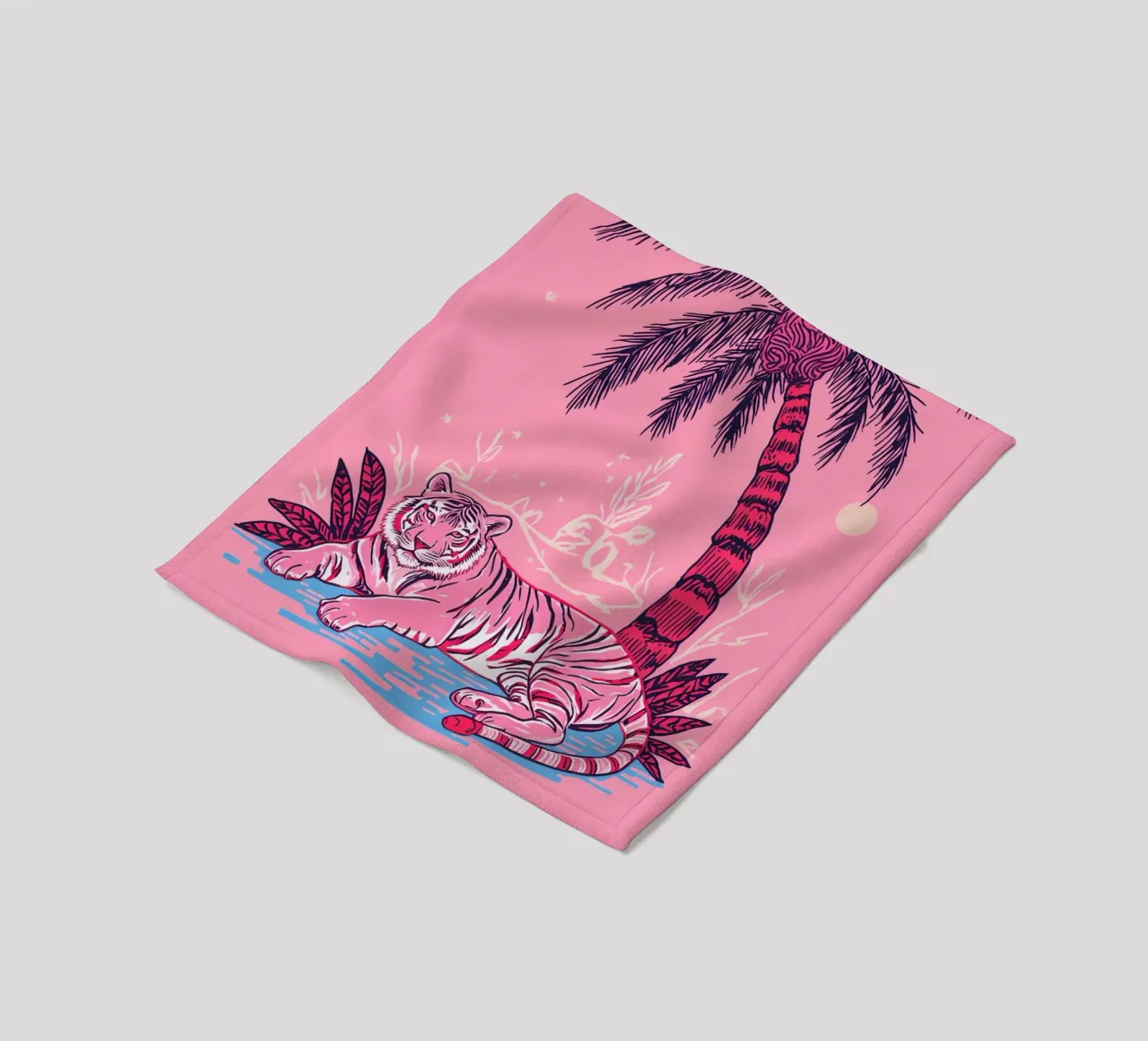 Tigre sotto una palma con combinazione di colori rosa coperta in pile da DesignDoodle