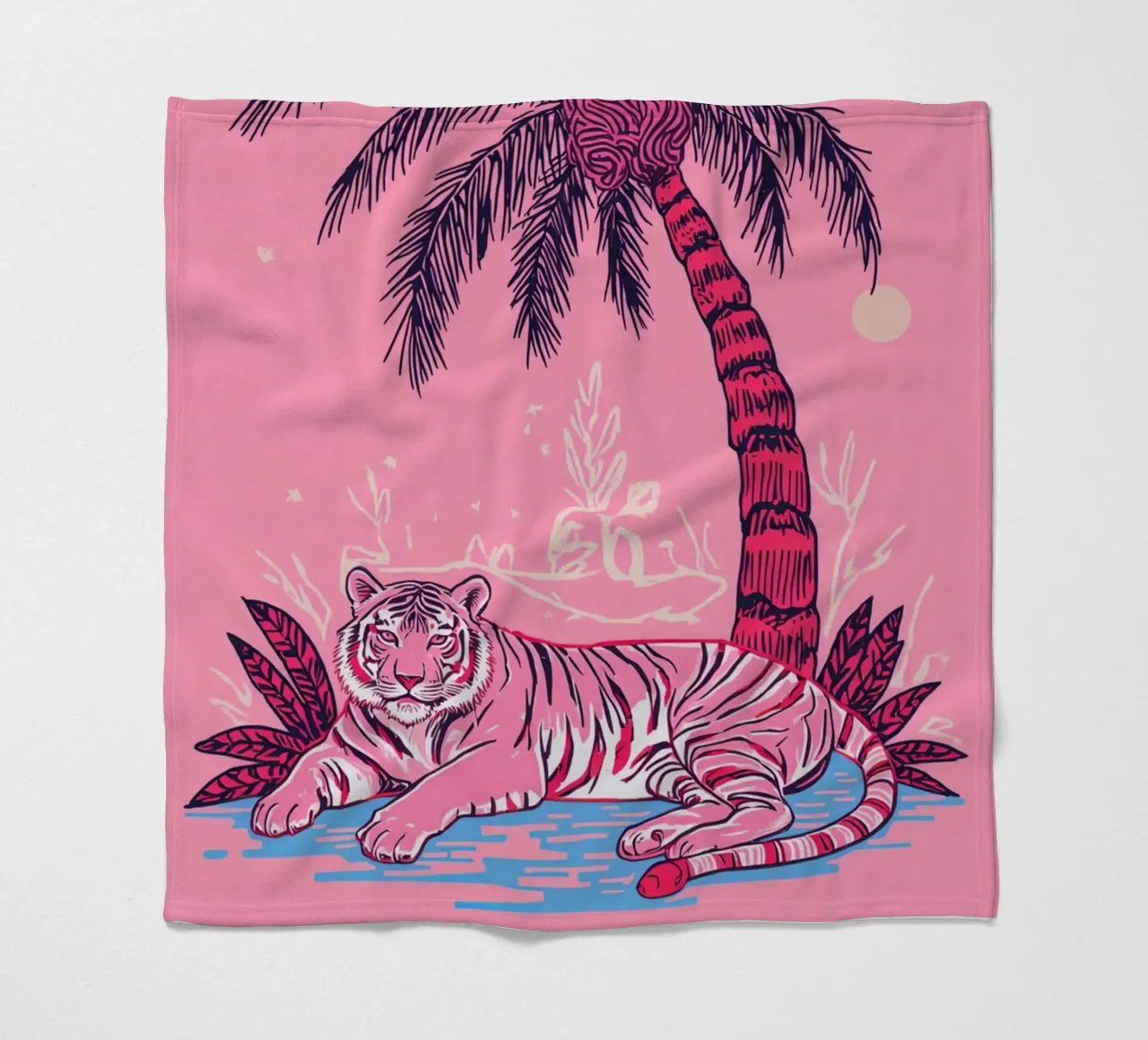 Tigre sotto una palma con combinazione di colori rosa coperta in pile da DesignDoodle