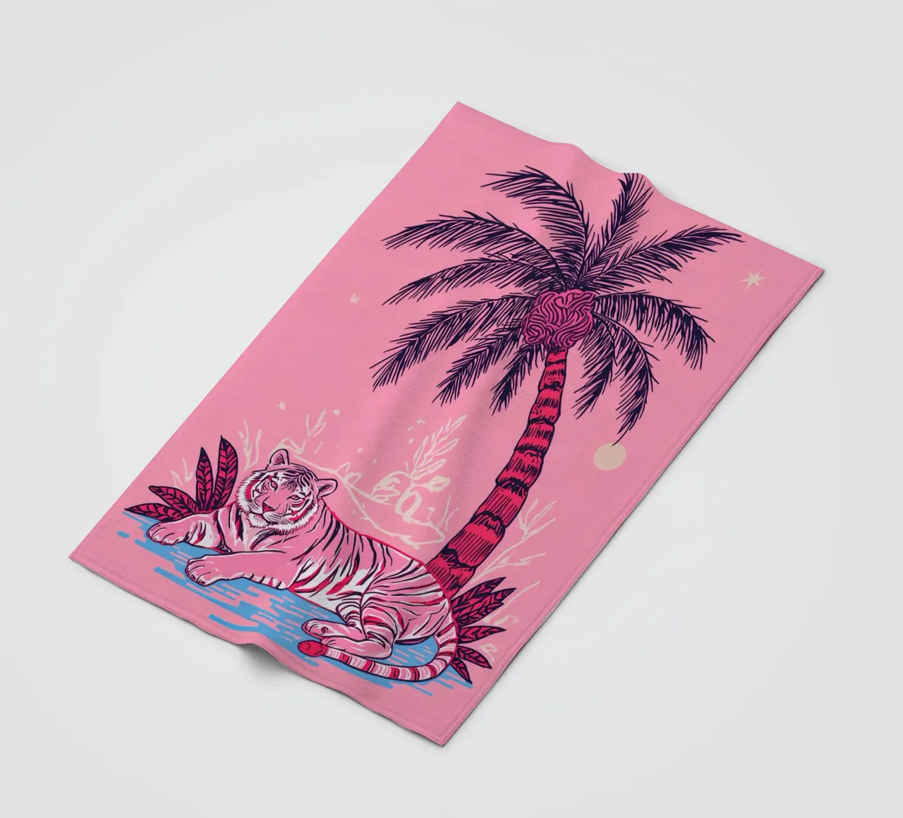 Tigre sotto una palma con combinazione di colori rosa coperta in pile da DesignDoodle