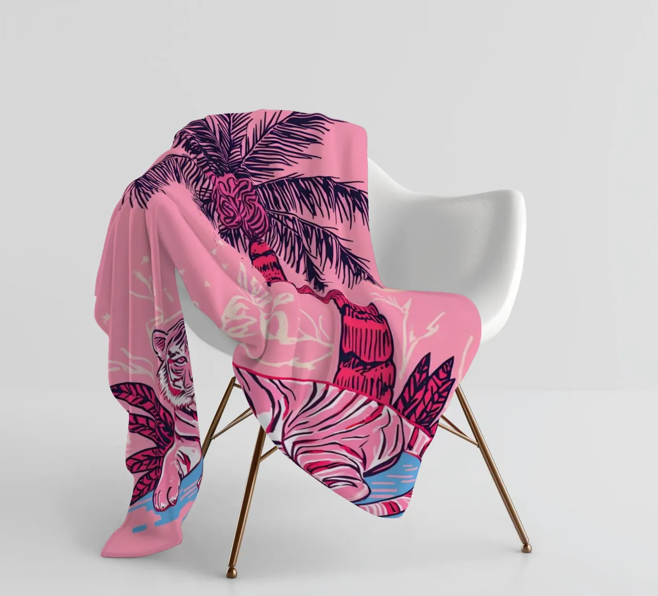 Tigre sotto una palma con combinazione di colori rosa coperta in pile da DesignDoodle
