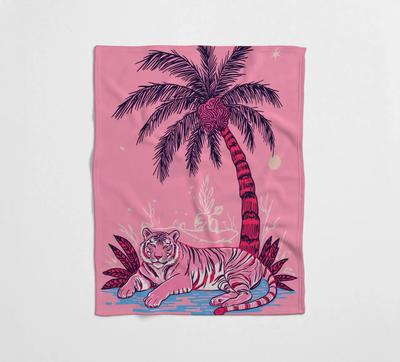Tigre sotto una palma con combinazione di colori rosa coperta in pile da DesignDoodle