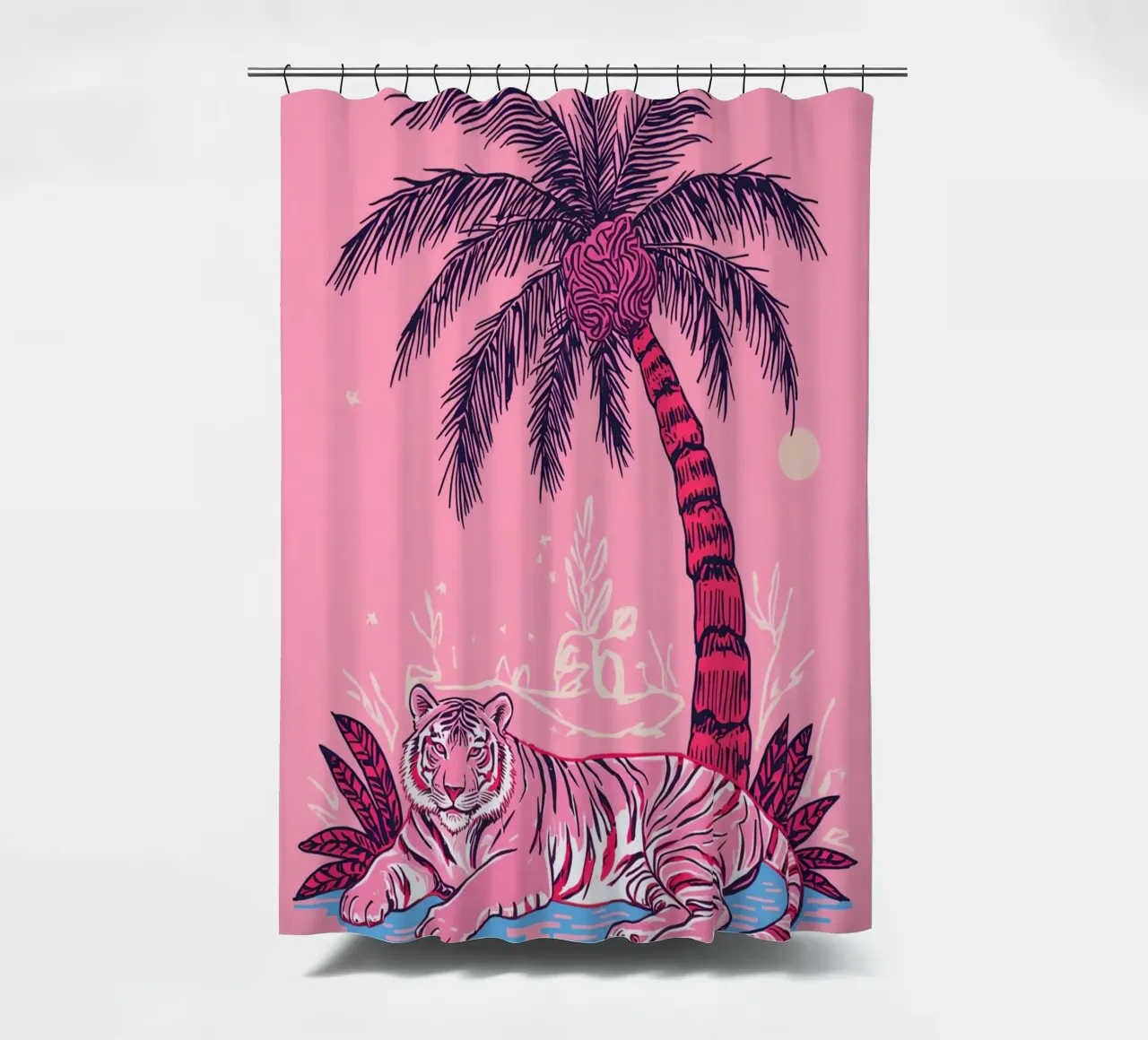Tigre sotto una palma con combinazione di colori rosa tenda da doccia da DesignDoodle