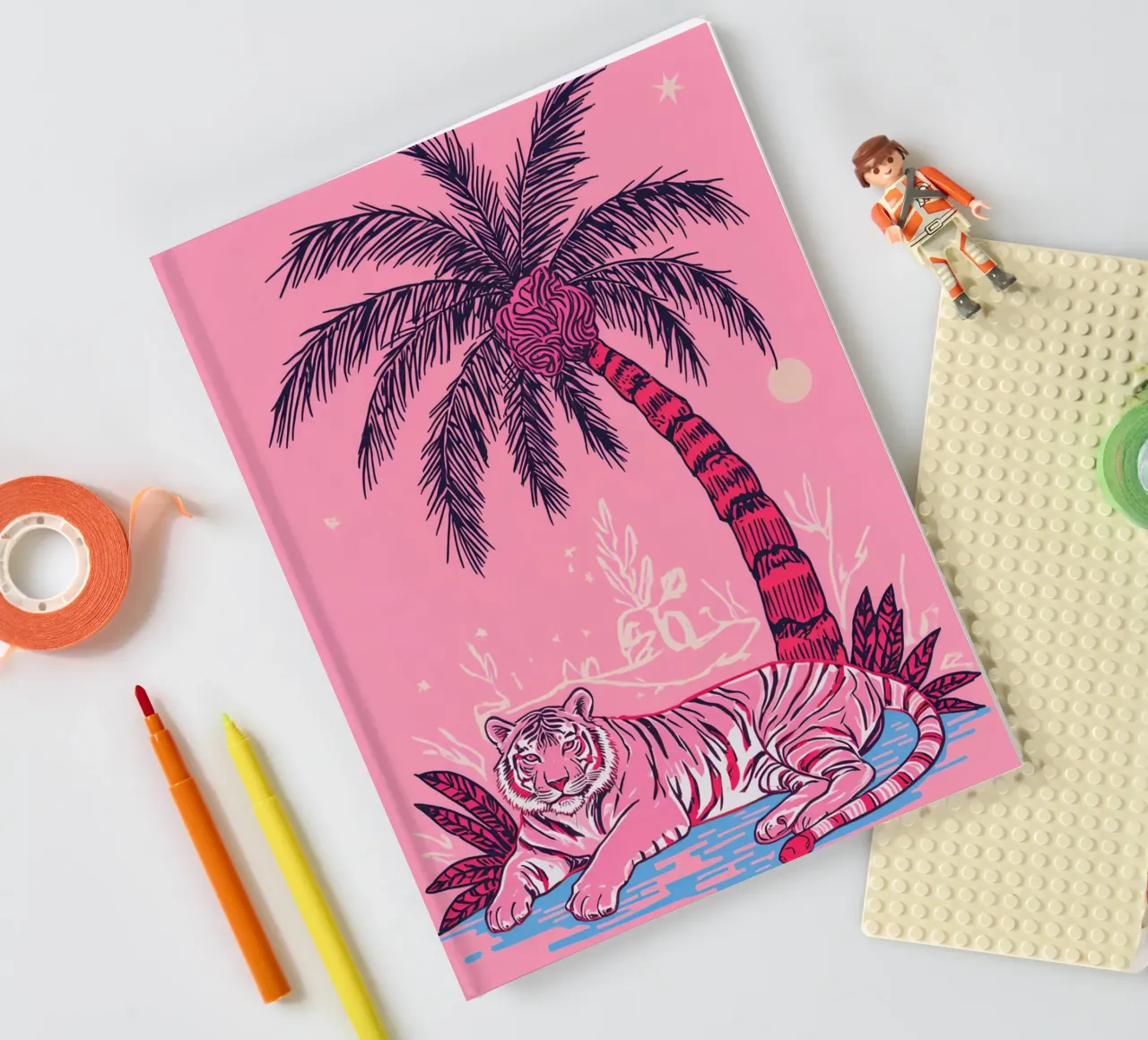 Tiger under a Palm Tree with Pink Color Scheme notebook by DesignDoodle