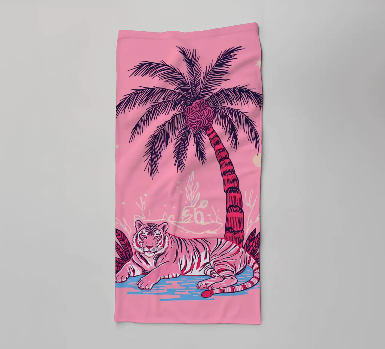 Tiger under a Palm Tree with Pink Color Scheme towel by DesignDoodle