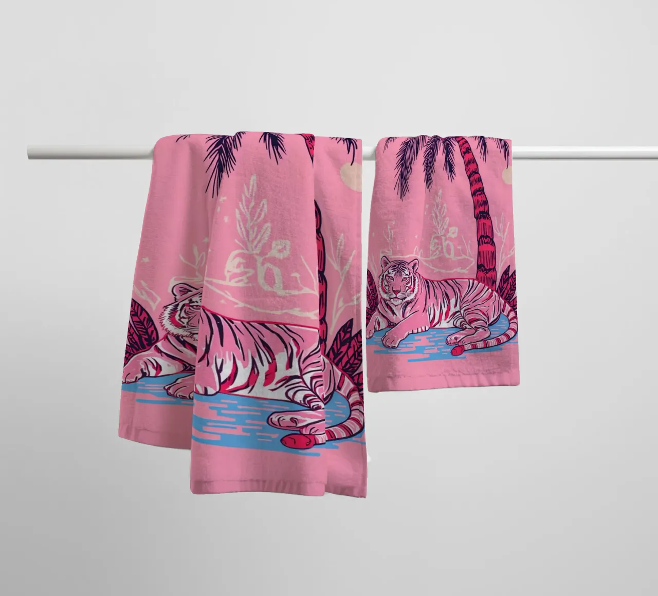 Tiger under a Palm Tree with Pink Color Scheme towel by DesignDoodle
