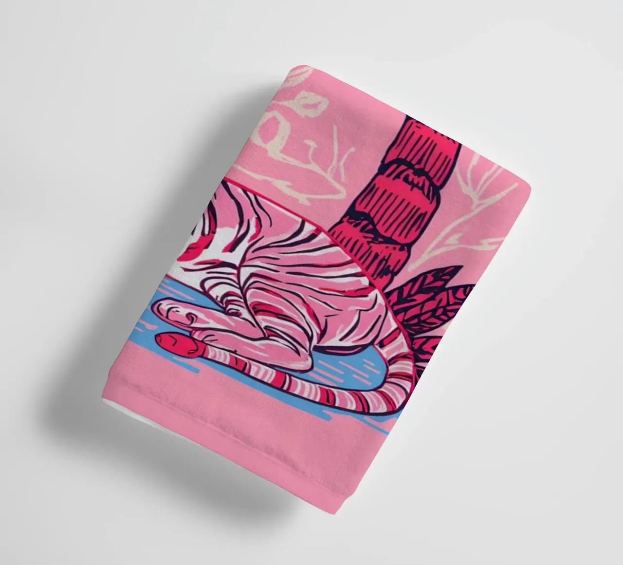 Tiger under a Palm Tree with Pink Color Scheme towel by DesignDoodle