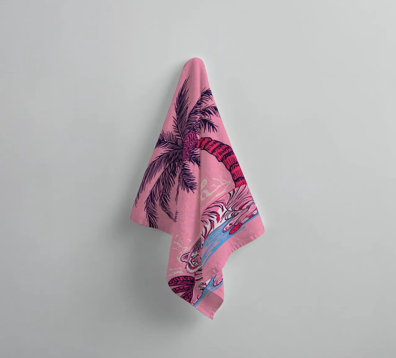 Tiger under a Palm Tree with Pink Color Scheme towel by DesignDoodle