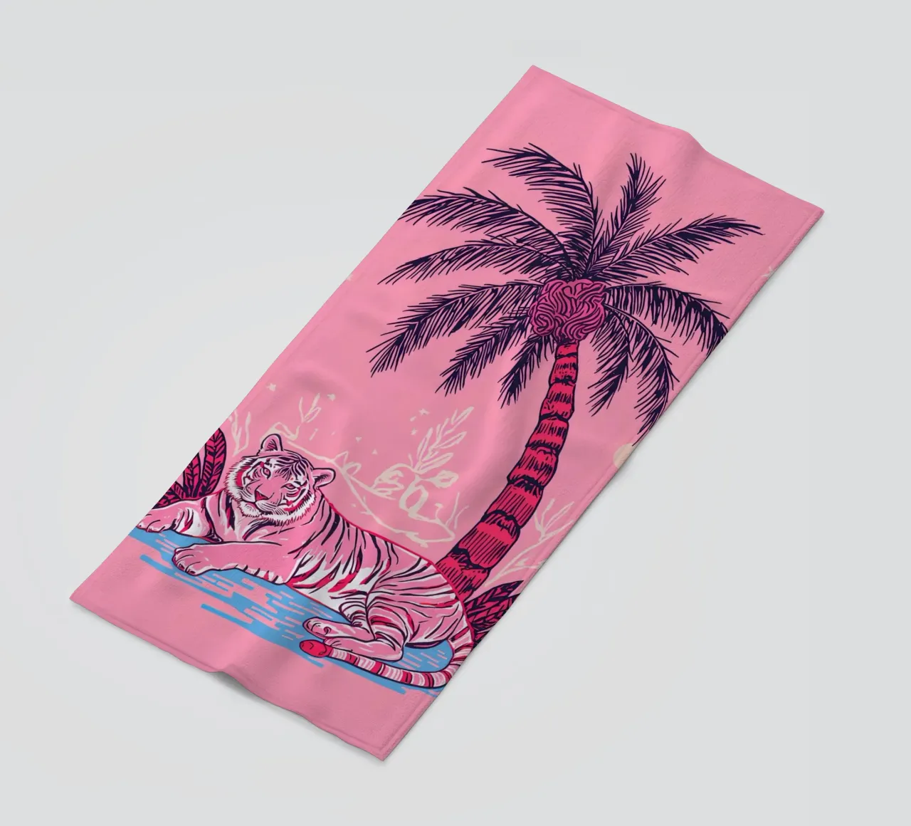 Tigre sotto una palma con combinazione di colori rosa telo mare da DesignDoodle