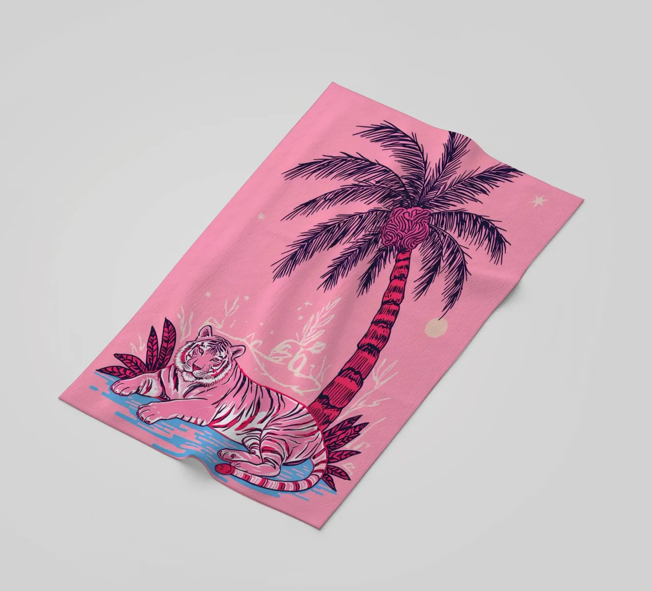 Tigre sotto una palma con combinazione di colori rosa telo mare da DesignDoodle